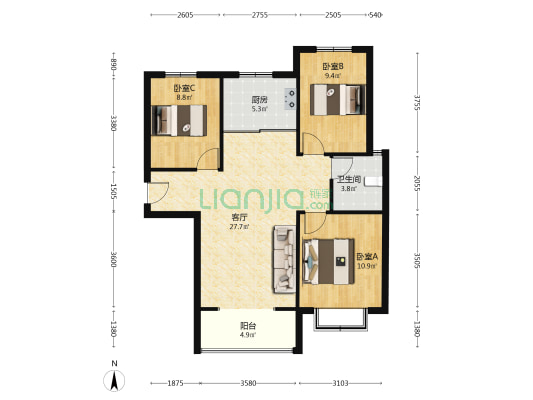 天伦湾  南北通透三居室  房本满二-户型图
