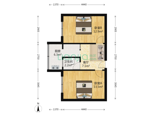 西大二区 2室1厅1卫 55平方