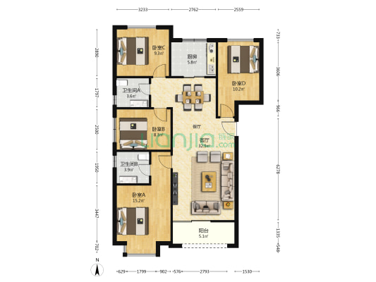 湾流阔景 4室1厅2卫 137平方