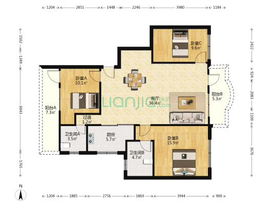 光明路 3室1厅2卫 114平方