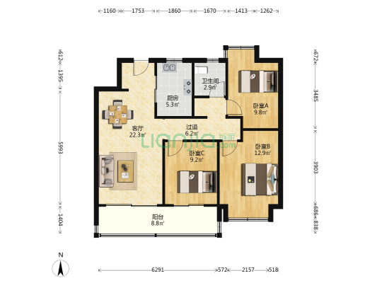 金科博翠花园 3室1厅1卫 94平方