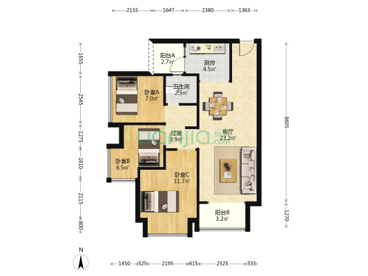 中铁逸都G区 3室1厅1卫 77平方