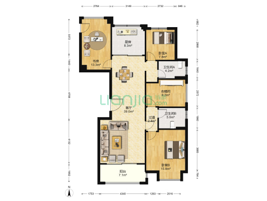 银亿东岸 3室1厅2卫 140平方