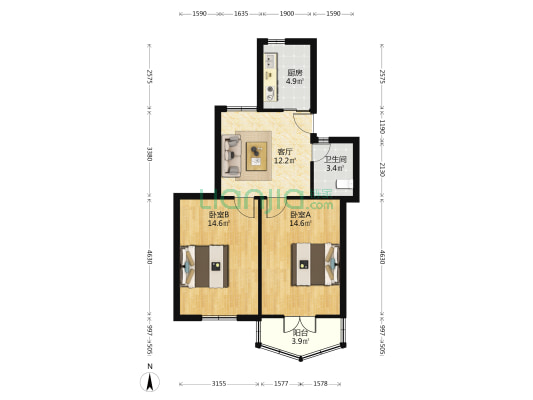 闸园二村 2室1厅1卫 66平方