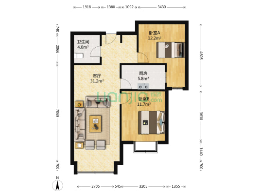 本房为经典全南两居户型，格局方正，小区中间位置-户型图