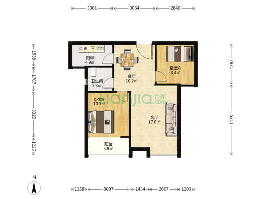 格林公馆 2室2厅1卫 88平方