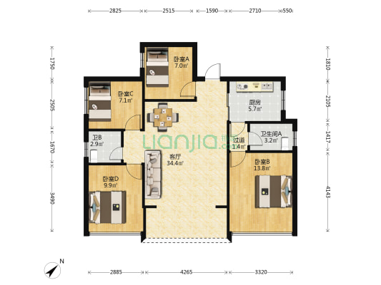 月泉湾花园 4室1厅2卫 93平方