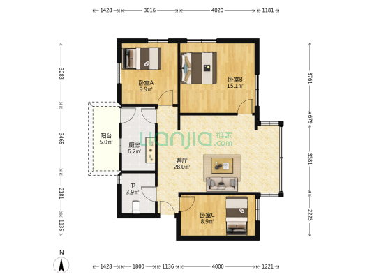 华苑新邨 3室1厅1卫 86平方