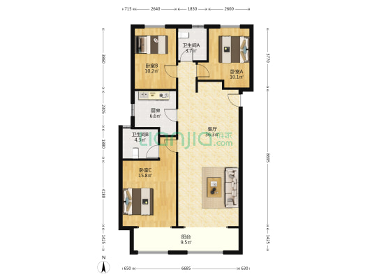 建业盛悦府 3室1厅2卫 133平方