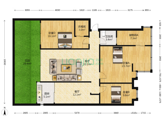 金太阳小区 3室2厅1卫 131平方
