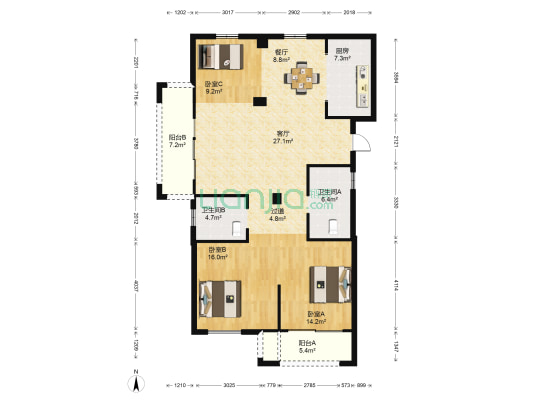 长安华府 3室2厅2卫 129平方