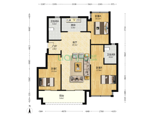 天赋铭门 3室1厅2卫 113平方