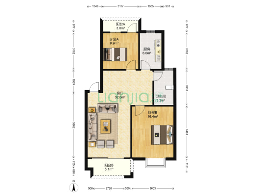贵海花园二期 2室1厅1卫 90平方