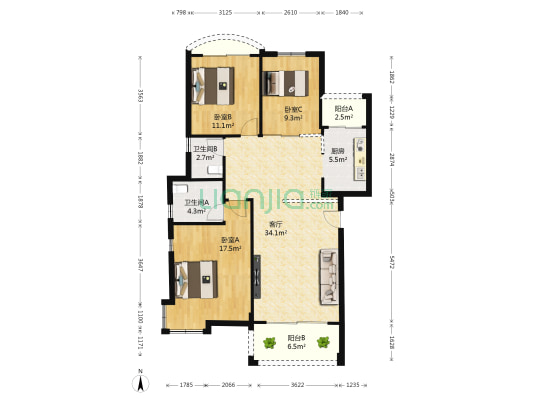 奥园华庭 3室1厅2卫 125平方