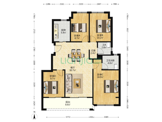 花语景岸 4室1厅2卫 116平方