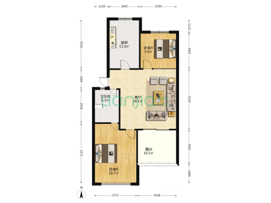 天虹花园B区 2室1厅1卫 103平方