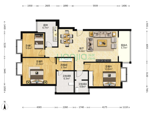 在水一方 3室1厅2卫 123平方