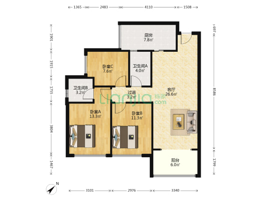 鹭湖宫八区E组团东区 3室1厅2卫 98平方
