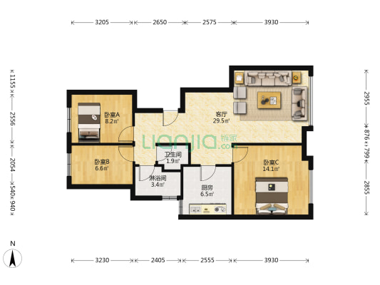 万科城市之光六号地 3室1厅2卫 96平方