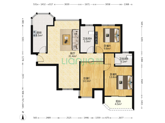 神仙树大院四期 3室1厅2卫 109平方