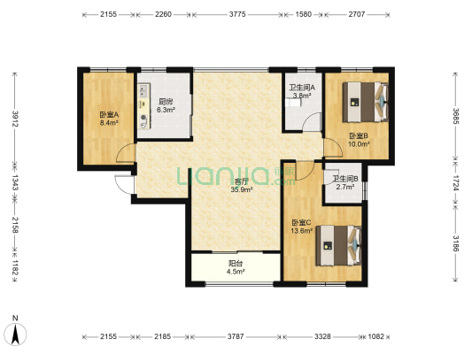 冠成国际 3室1厅2卫 108平方