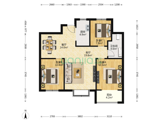悦澜山 3室2厅1卫 109平方