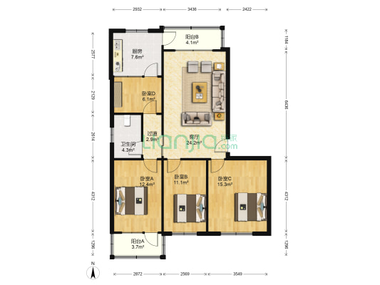 竹苞花园 4室1厅1卫 108平方