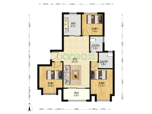 大名城映晖 3室1厅2卫 98平方