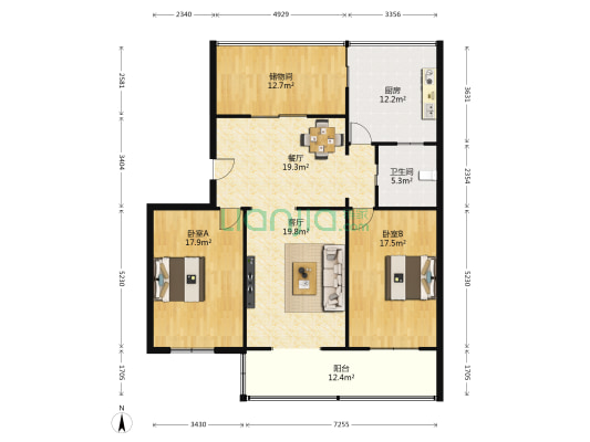 富祥花苑 2室2厅1卫 108平方
