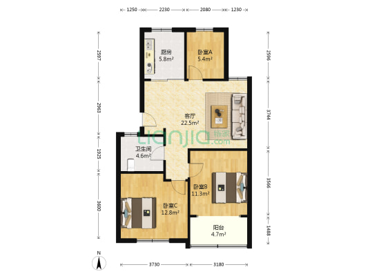 北景园月桂苑 3室1厅1卫 80平方