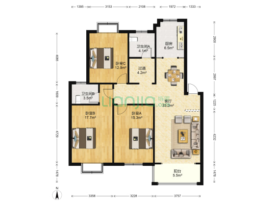 祥和至尊家园 3室1厅2卫 125平方
