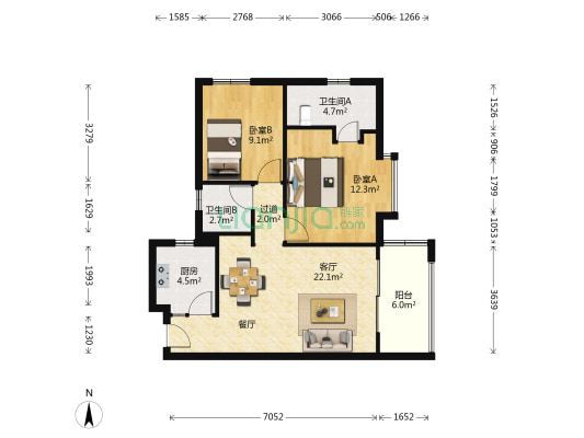 华进明苑 2室1厅2卫 75平方