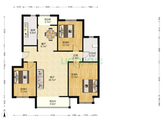 青山溪语 3室2厅1卫 121平方