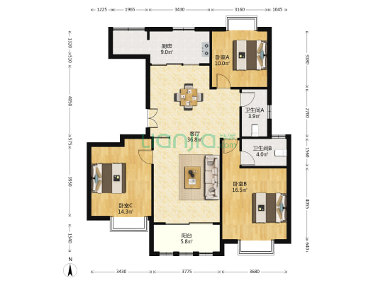 名人苑 3室1厅2卫 122平方