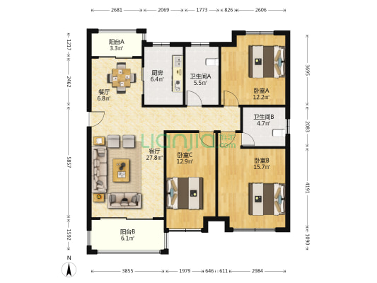 晨朗东方花园 3室2厅2卫 134平方