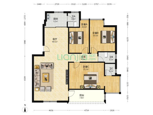 梅花街52号 3室1厅3卫 135平方