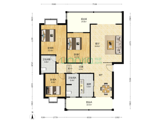 万华园 3室1厅2卫 137平方