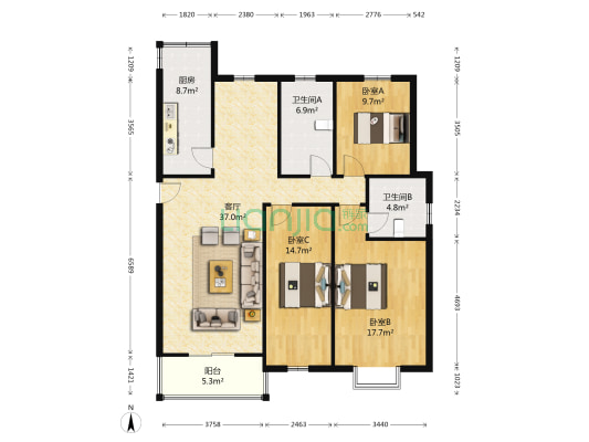 福锦园 3室1厅2卫 130平方