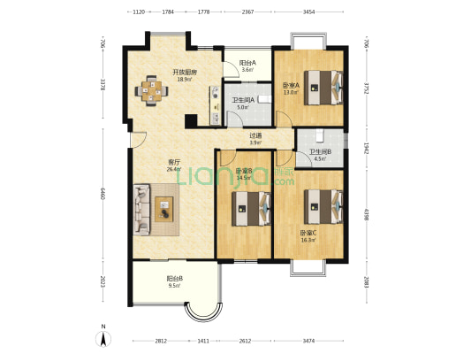 前景城花园 3室1厅2卫 139平方
