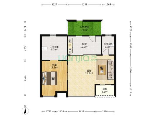 万科棠樾四期 1室1厅2卫 89平方