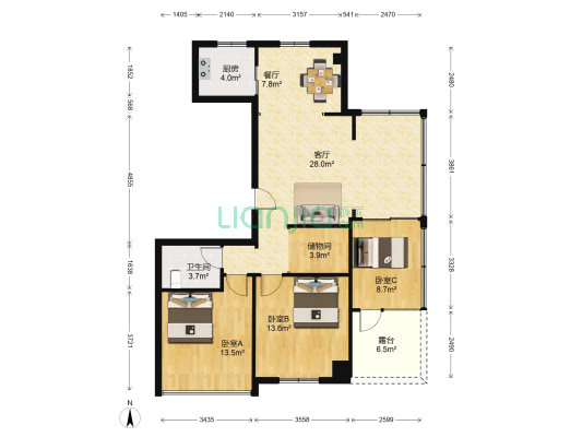 天福绿洲 3室2厅1卫 79平方
