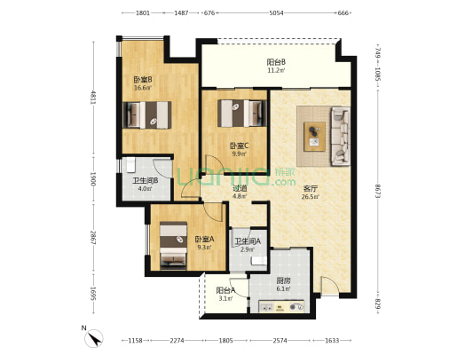 万科金域蓝湾三期 3室1厅2卫 118平方