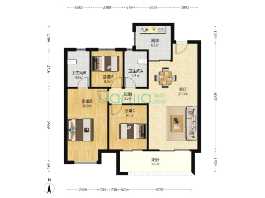 阳光城尚东湾嘉林苑 3室1厅2卫 119平方