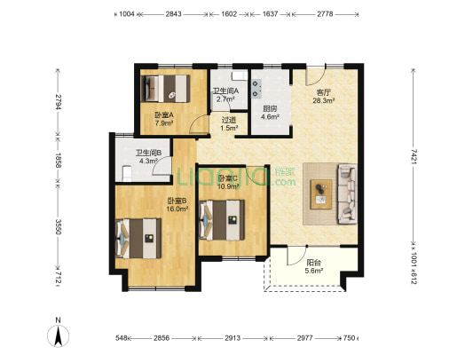 龙湖紫宸 3室1厅2卫 119平方