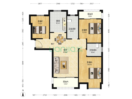 兴隆雅园 3室1厅2卫 129平方