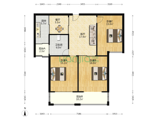中高公寓东区 3室2厅1卫 122平方