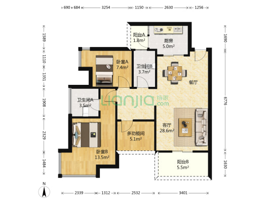 悦湖苑 3室1厅2卫 96平方
