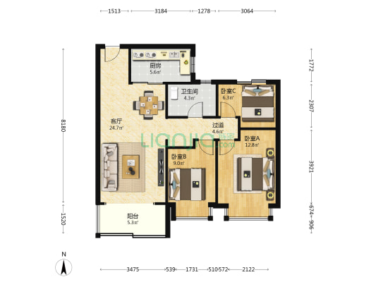 恒大文化旅游城A区 3室1厅1卫 99平方