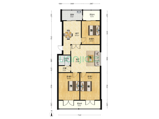 科委宿舍 3室2厅1卫 130平方