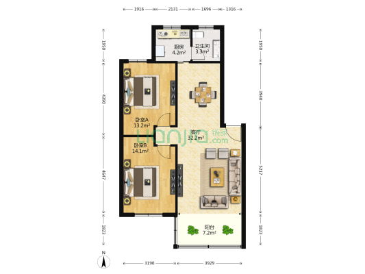 学府雅居 2室1厅1卫 88平方